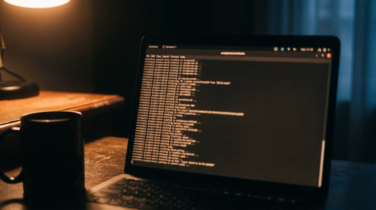 A terminal running on a laptop at night