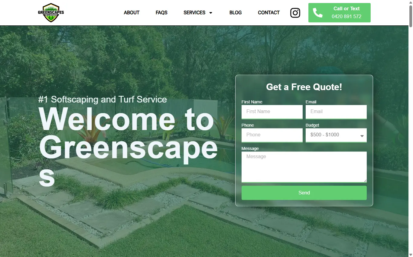 Greenscapes home page with the quote form above the fold